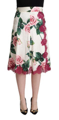 Women's White Rose Print High Waist Midi A-Line Skirt Silk Cotton Nylon Elastane