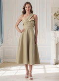 A-Line One-Shoulder Sleeveless Tea-Length Elastic Satin Cocktail Dresses With Pleated