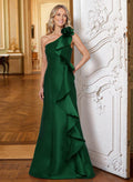 Sheath/Column One-Shoulder Floor-Length Satin Mother Of The Bride Dresses With Cascading Ruffles/Flower(s)