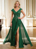 A-Line Off-The-Shoulder Sleeveless Floor-Length ChiffonMother Of The Bride Dresses With High Split