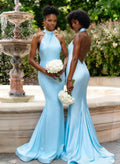 Trumpet/Mermaid Halter Sleeveless Sweep Train Acetate Satin Evening Dresses