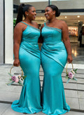 Trumpet/Mermaid One-Shoulder Sleeveless Sweep Train Acetate Satin Bridesmaid Dresses