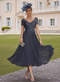 Elegant V-Neck Short Sleeves A-Line Tea-Length Lace/Chiffon Mother Of The Bride Dresses