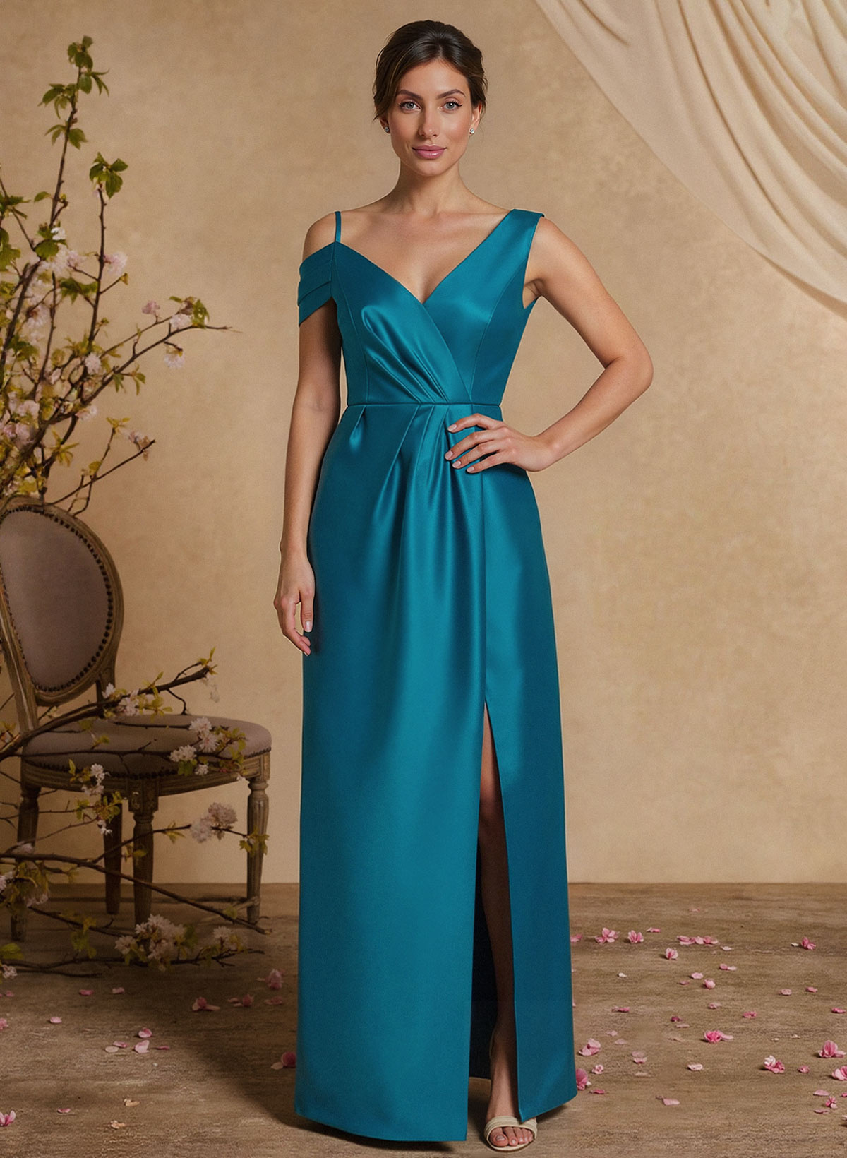 A-Line Asymmetrical Sleeveless Floor-Length Satin Mother Of The Bride Dresses With Pleated