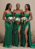 Sheath/Column Strapless Sleeveless Sweep Train Stretch Satin Knit Prom Dresses