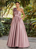 A-Line One-Shoulder Sleeveless Floor-Length Satin Evening Dresses With Pleated/Flower(s)