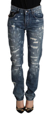 Women's Blue Distressed Denim Boyfriend Skinny Jeans Cotton Clothing