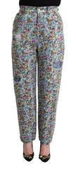 Women's Blue Floral Print High Waist Denim Tapered Jeans Cotton Elastane Clothing