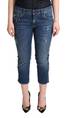 Women's Blue Washed Mid Waist Denim Logo Cropped Jeans Cotton Clothing