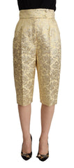 Women's Beige Floral Brocade High Waist Trouser Cropped Pants Polyester Nylon P2