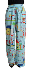 Women's Light Blue Drawing Mid Waist Wide Leg Pants Polyester Elastane