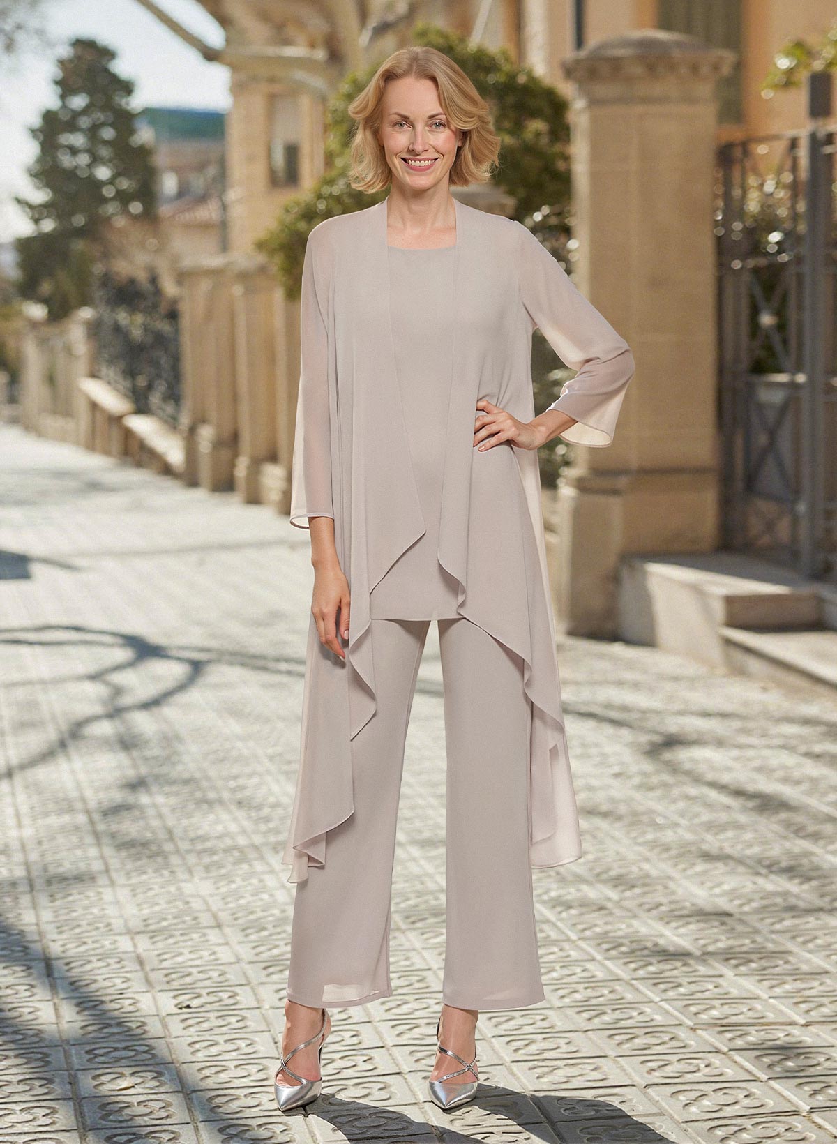 Matching Sets Simple Scoop Neck Long Sleeves Chiffon Mother Of The Bride Dress