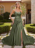 Elegant Cowl Neck Pleated High Split A-Line Sweep Train Satin Mother Of The Bride Dresses