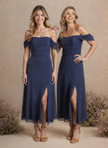 Short Off-The-Shoulder Bridesmaid Dresses With A-Line Chiffon