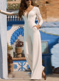 Jumpsuit/Pantsuit Plunge Neck Long Sleeves Floor-Length Elastic Satin Wedding Dresses