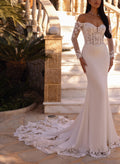 Trumpet/Mermaid Off-The-Shoulder Long Sleeves Court Train Elastic Satin Wedding Dresses