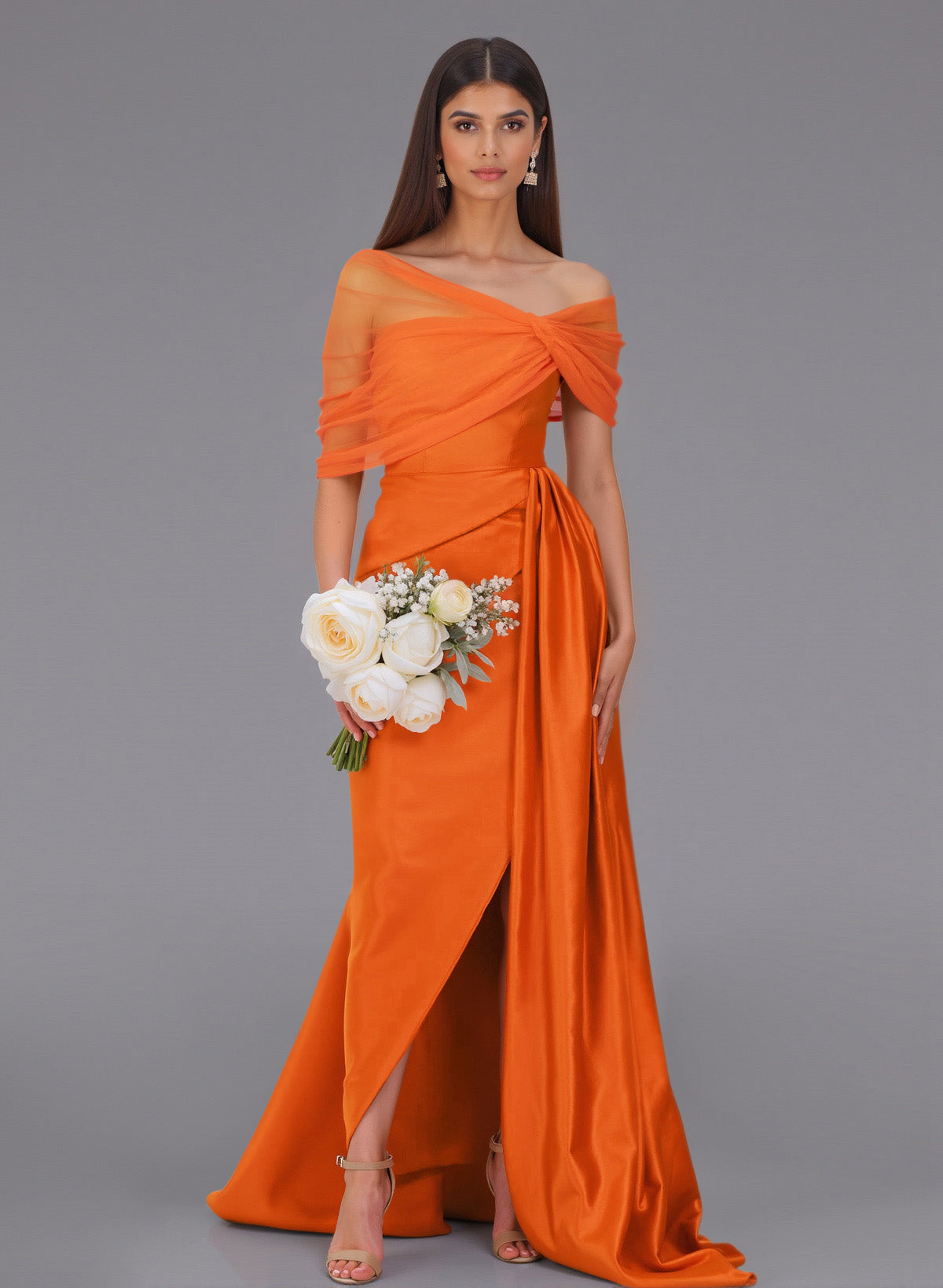 Elegant Tulle Asymmetrical Neckline Satin Bridesmaid Dresses With Split Front/Sweeping Side Drape