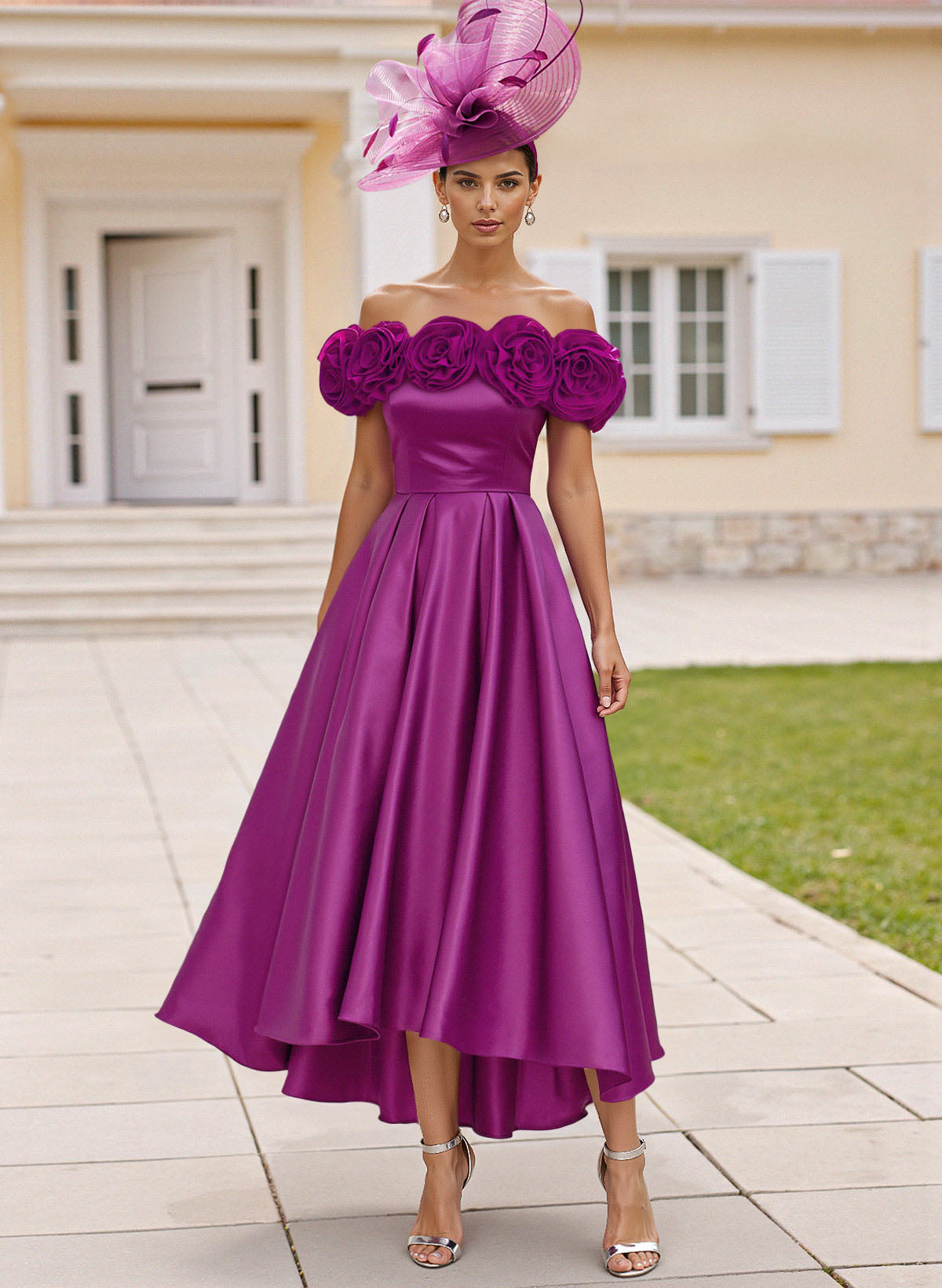 Elegant A-Line Off-The-Shoulder Asymmetrical Satin Cocktail Dresses With Flower