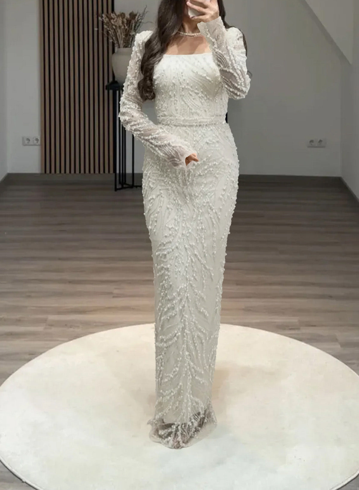 Luxury Square Neckline Long Sleeves Back Slit Floor-Length Evening Dresses