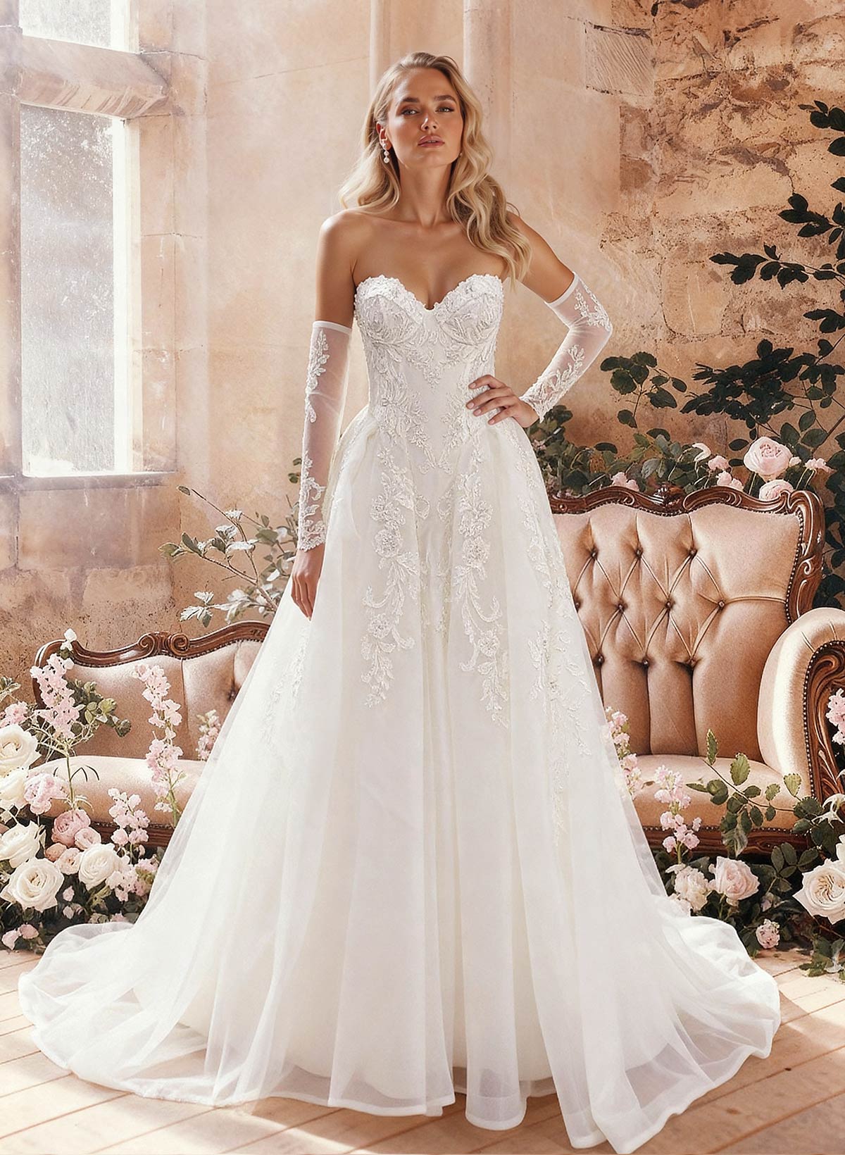 Elegant Sweetheart Sleeveless Ball-Gown Royal Train Lace Wedding Dresses