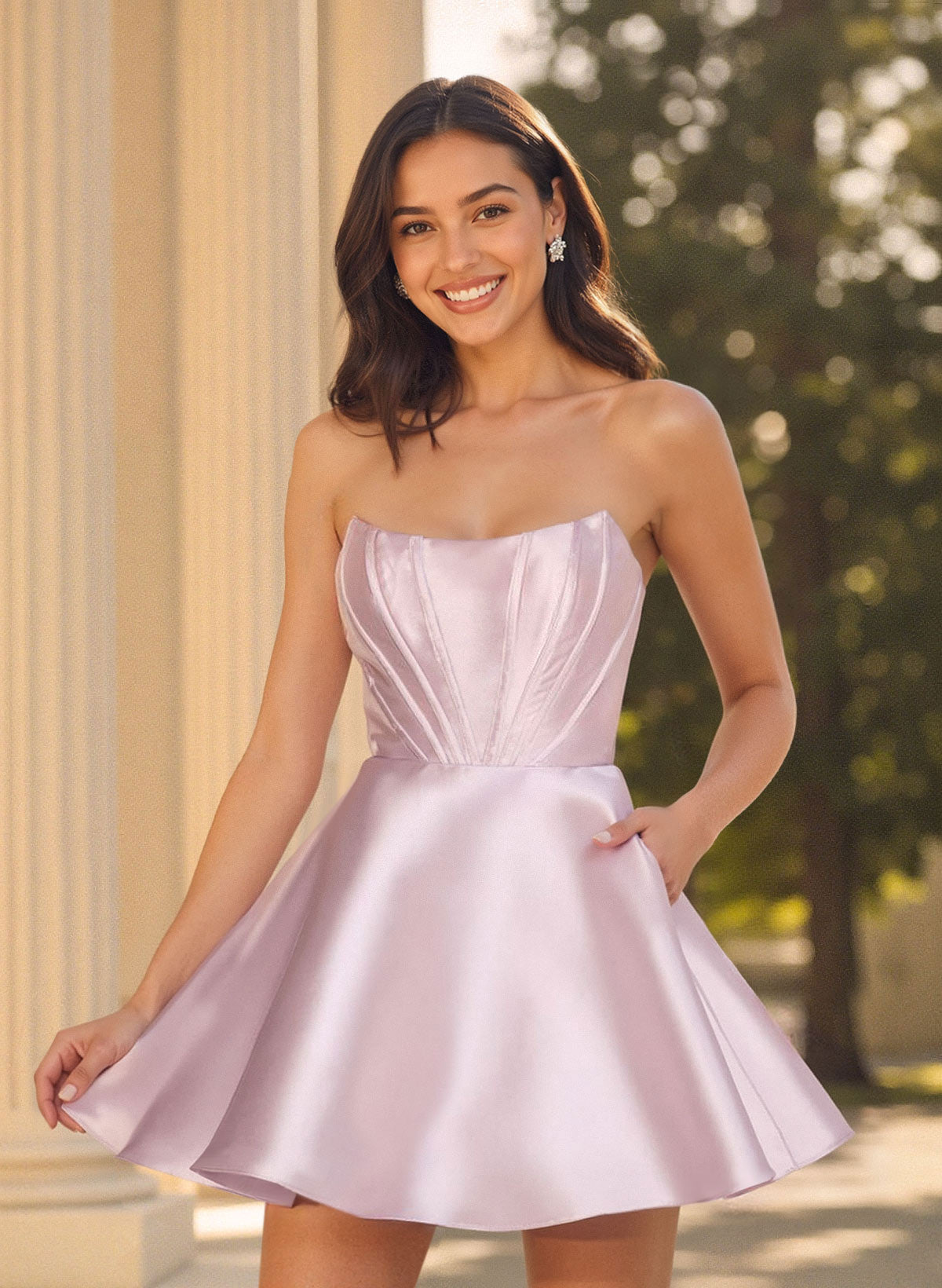 A-Line Off-The-Shoulder Sleeveless Short Mini Satin Homecoming Dresses With Pockets