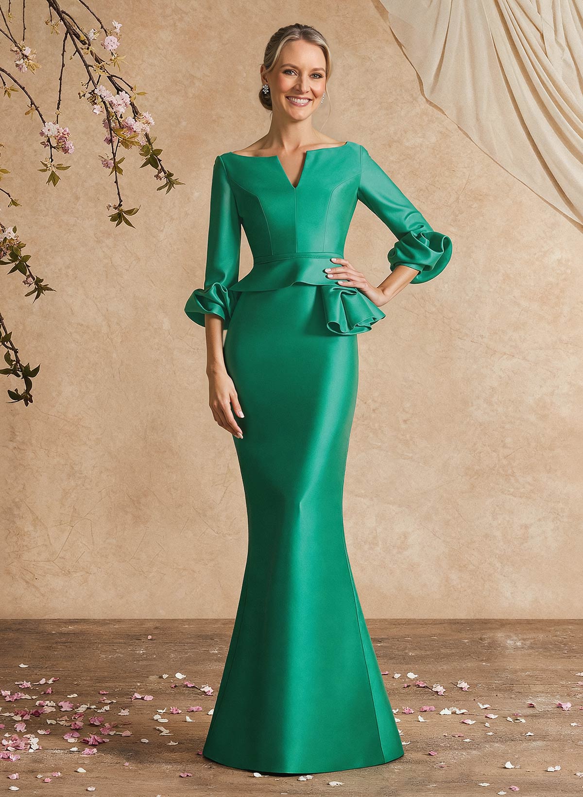 Trumpet Mermaid Illusion Neck 3/4 Sleeves Satin Evening Dresses With Ruffle