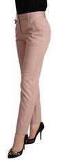 Women's Pink Cotton Mid Waist Trouser Tapered Pants Elastane