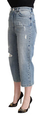 Women's Blue Tattered Cotton Denim Capri Cropped Jeans Elastane Clothing