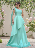Elegant Bow(s) One-Shoulder Ruffle A-Line Sweep Train Satin Bridesmaid Dresses