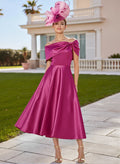 Classic Bow(s) Off-The-Shoulder Short Sleeves A-Line Tea-Length Satin Mother Of The Bride Dresses