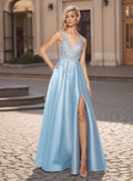 Exquisite V-Neck Sleeveless Plunge Neck Satin Prom Dresses With Lace
