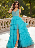 Dreamy Lace V-Neck A-Line Tiered High Split Floor-Length Tulle Prom Dresses