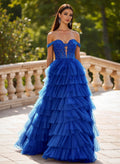Elegant Off-The-Shoulder A-Line Sweep Train Tulle Prom Dresses With Lace