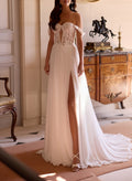 A-Line Sweetheart Detachable Sleeves Court Train Chiffon Lace Tulle Wedding Dresses With Lace Appliques Lace
