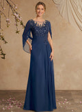 A-Line Illusion Neck Cape Sleeves Floor-Length Chiffon Mother Of The Bride Dresses With Appliques Lace