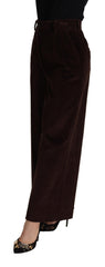Women's Brown Cotton High Waist Trouser Wide Leg Pants Elastane