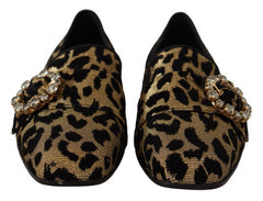 Women's Gold Leopard Print Crystals Loafers Shoes Brown Cotton 10 % Viscose