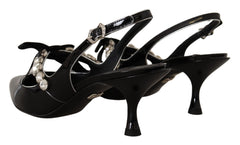 Women's Black Patent Leather Crystal Slingbacks Shoes