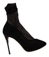Women's Black Stretch Tulle Boots Shoes Elastane