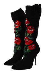 Women's Black Stretch Socks Red Roses Booties Shoes Wool
