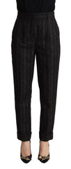 Women's Black Striped High Waist Tapered Pants Alpaca Cotton Nylon