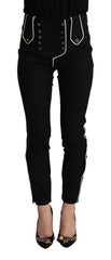 Women's Black Mid Waist Button Embellished Slim Fit Pants Wool Elastane