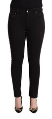 Women's Black Cotton Mid Waist Denim Slim Fit Jeans Elastane Clothing