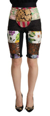 Women's Multicolor Patchwork High Waist Cropped Pants Cotton Silk