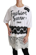 Women's Lace-Trimmed Logo-Print T-Shirt White Cotton Polyester Nylon