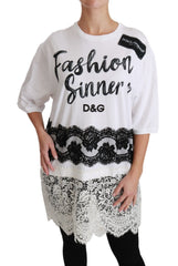 Women's Lace-Trimmed Logo-Print T-Shirt White Cotton Polyester Nylon