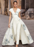 Jumpsuit Pantsuit V-Neck Short Sleeves Floor-Length Crepe Satin Mother Of The Bride Dresses With Floral-Print