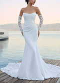 Trumpet Mermaid Off-The-Shoulder Detachable Sleeves Court Train Lace Elastic Satin Wedding Dresses With Appliques Lace