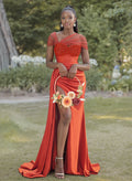 Sheath/Column Sweetheart Sweep Train Stretch Satin Bridesmaid Dresses With Beading/High Split