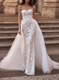 Ball-Gown Sweetheart Sleeveless Sweep Train Chiffon Lace Tulle Wedding Dresses